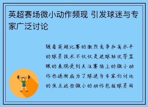 英超赛场微小动作频现 引发球迷与专家广泛讨论