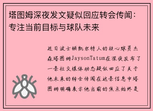塔图姆深夜发文疑似回应转会传闻：专注当前目标与球队未来