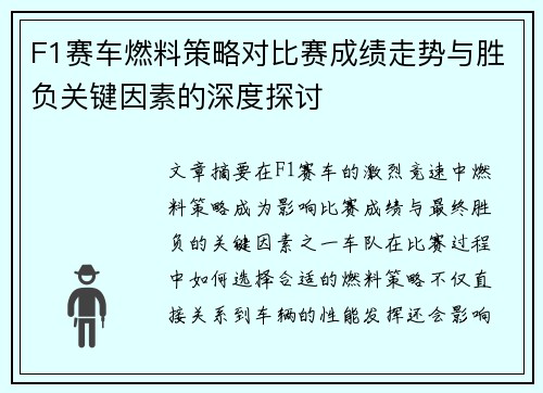 F1赛车燃料策略对比赛成绩走势与胜负关键因素的深度探讨 F1赛车燃料策略对比赛成绩走势与胜负关键因素的深度探讨