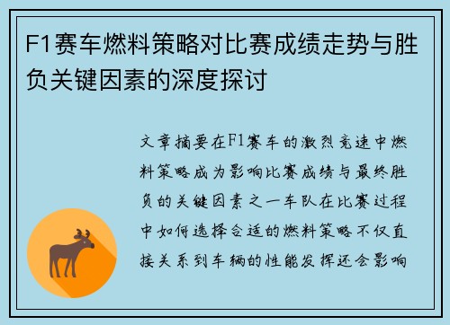 F1赛车燃料策略对比赛成绩走势与胜负关键因素的深度探讨 F1赛车燃料策略对比赛成绩走势与胜负关键因素的深度探讨