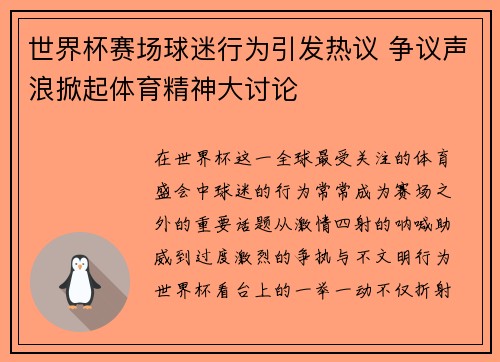 世界杯赛场球迷行为引发热议 争议声浪掀起体育精神大讨论 世界杯赛场球迷行为引发热议 争议声浪掀起体育精神大讨论
